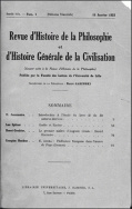 Revue d'Histoire de la Philosophie et d'Histoire Générale de la Civilisation, n° 1/15 janvier 1933